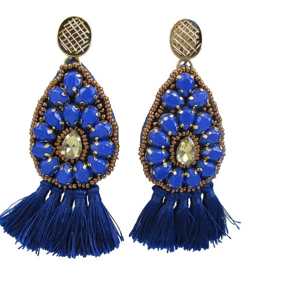 Chico's Earrings Drop Blue Beaded Fringe Boho Festival NWT $35 - Picture 2 of 3